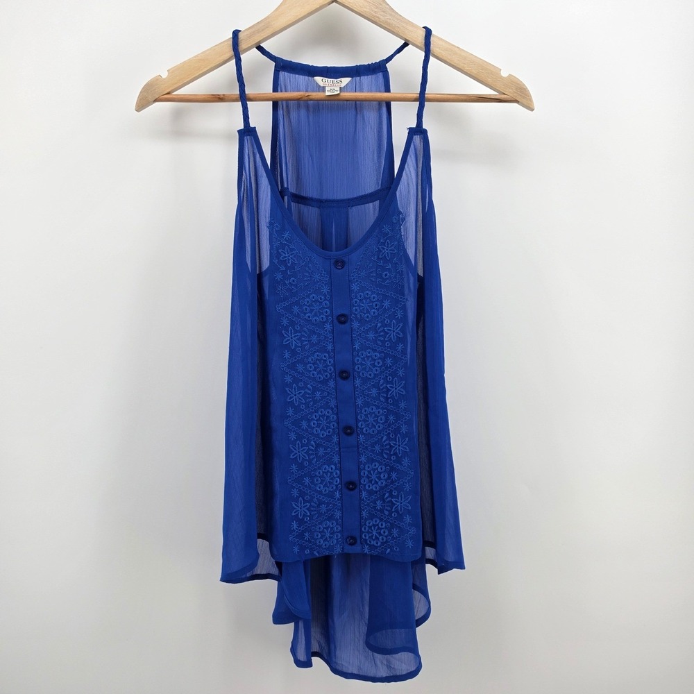 GUESS Womens Royal Blue Embroidered Sheer High Low Racerback Tank Top Size M